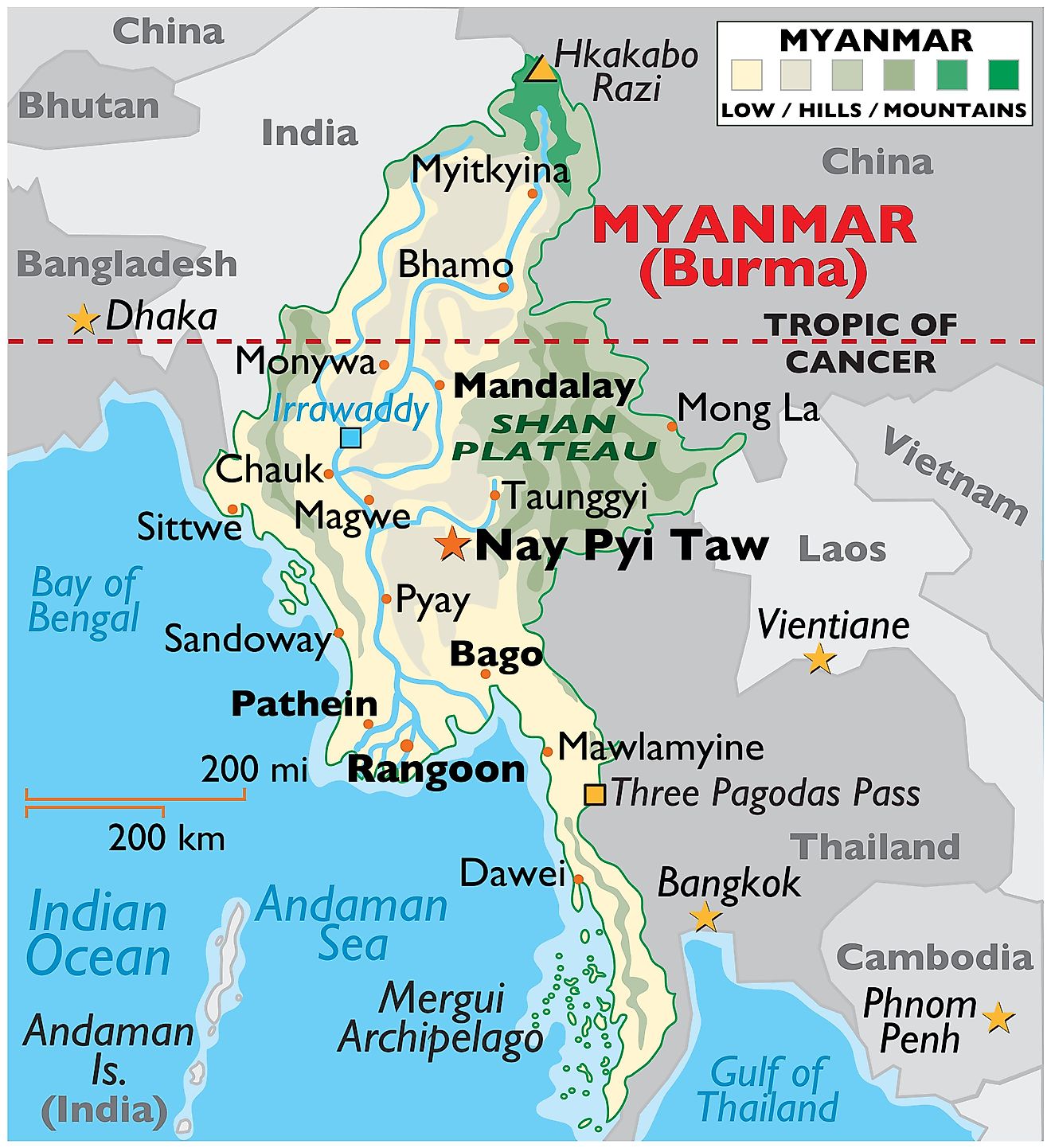 Mapa físico de Myanmar que muestra los límites estatales, el relieve, los ríos principales, el punto más alto, las ciudades importantes, la meseta de Shan y más