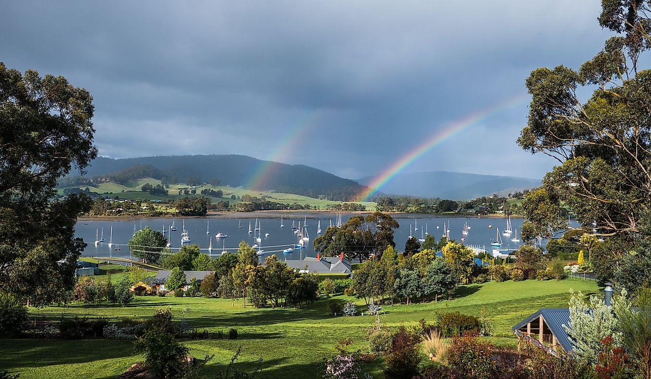  Double rainbow over the marina, Cygnet, Tasmania.