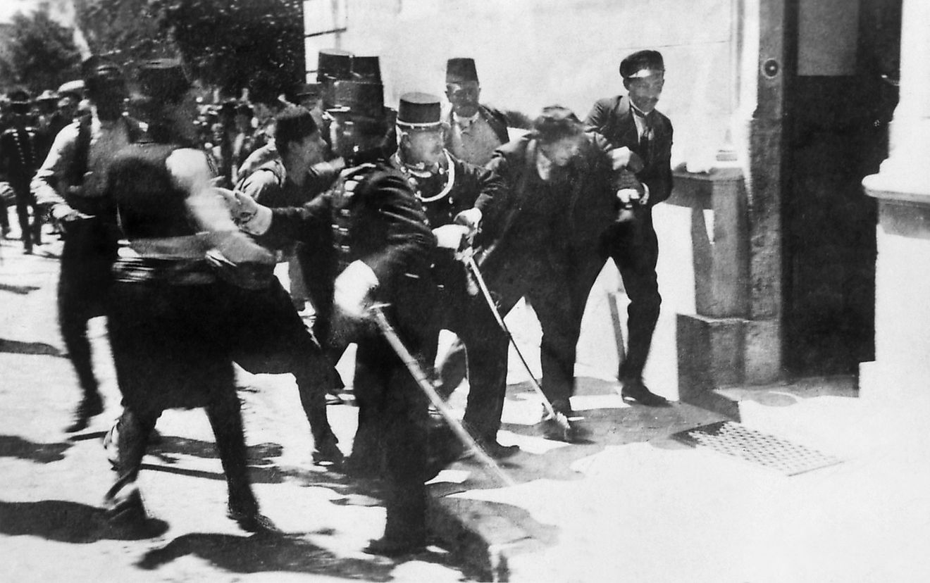 Nedeljko Cabrinovic (second from right, 1895-1916), assassin of Archduke Franz Ferdinand (1863-1914), and Duchess Sophie Chotek (1868-1914). The bombing spurred World War I, 1914. Image source: Everett Collection/Shutterstock.com