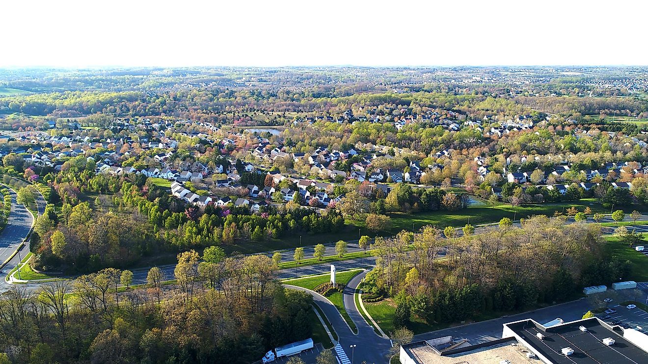 An aerial view of residential neighborhoods in Germantown, Maryland. Editorial credit: Nicole Glass Photography / Shutterstock.com