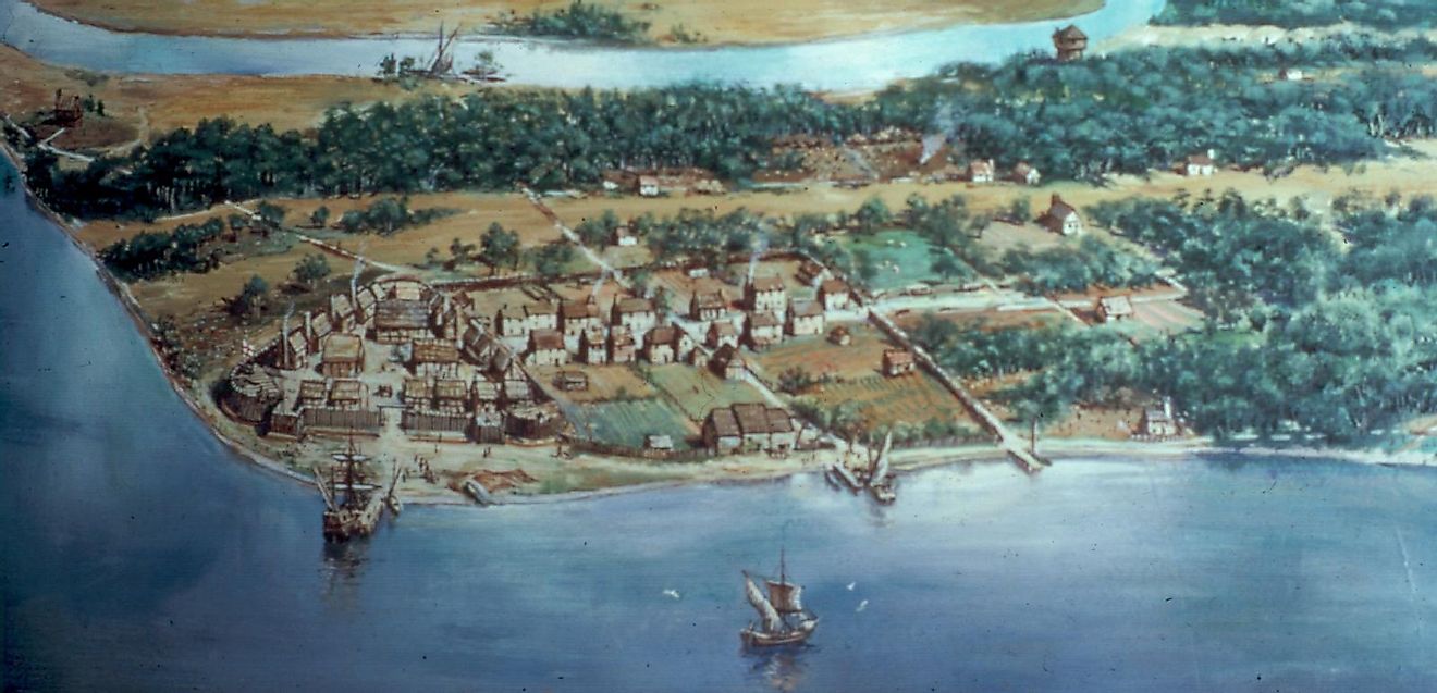 Artist's conception of aerial view of Jamestown, one of the earliest English colonies in the Americans, in 1614. Image credit: Sidney King/Public domain