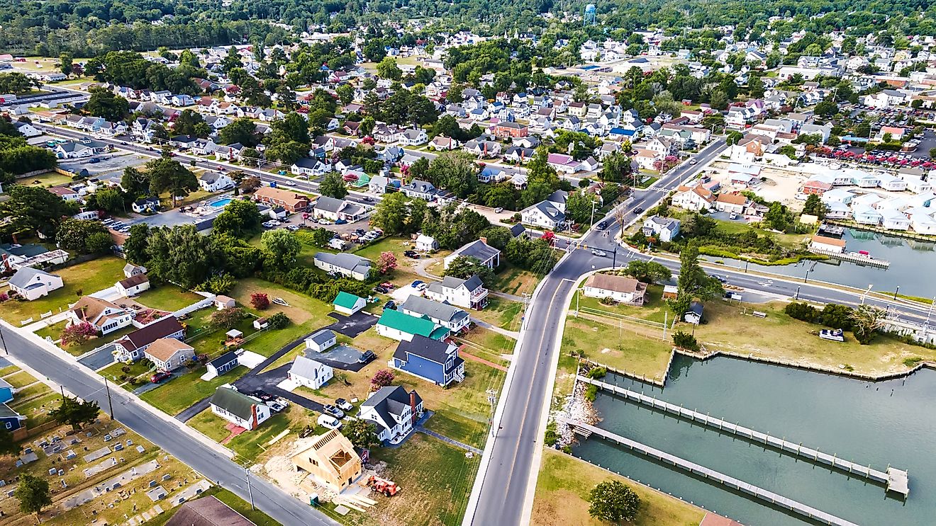 View of the Chincoteague Island and the road along the bay.