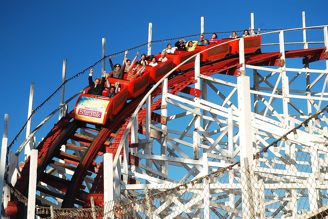 Thrill seekers come around on the drop of the Big Dipper Roller Coaster in Santa Cruz, California. 