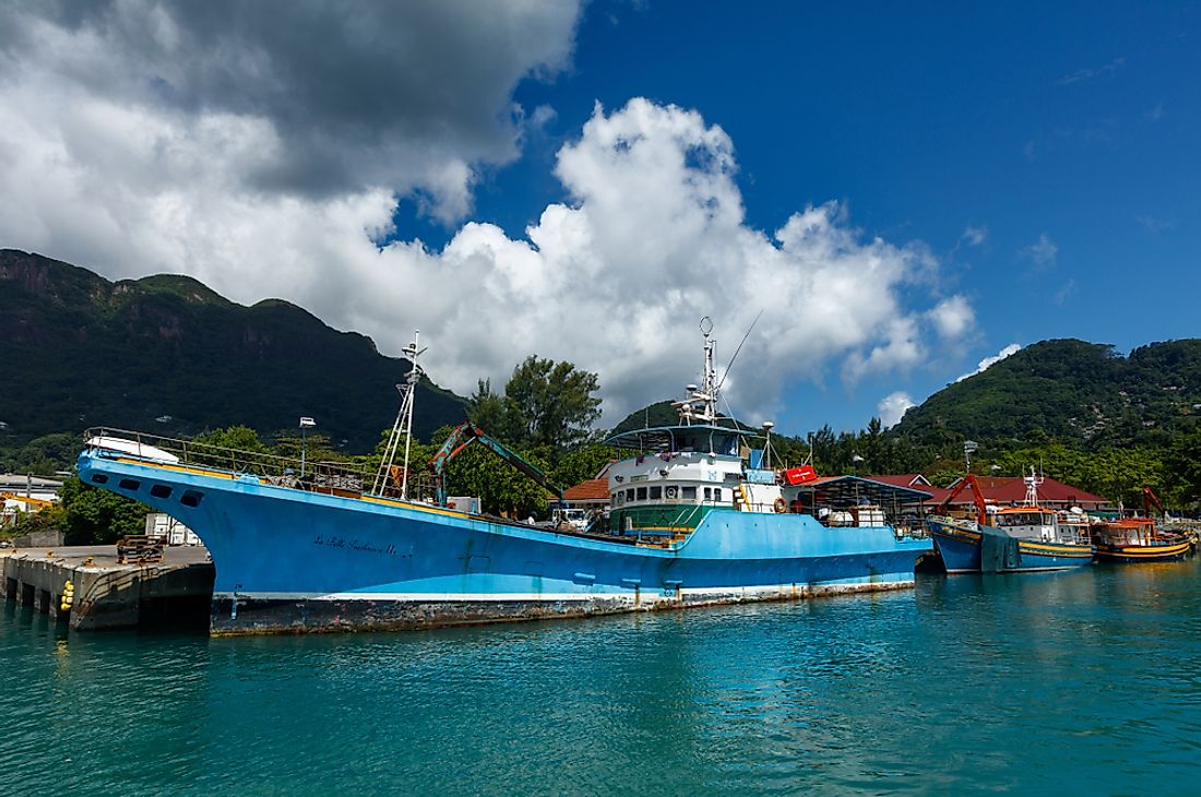 A fishing boat docked in Seychelles. Editorial credit: zjtmath / Shutterstock.com.