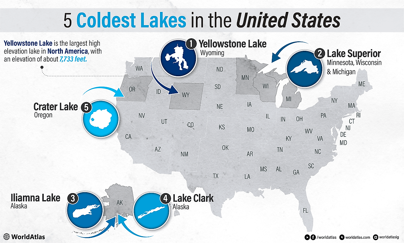 infographic showing a map with the 5 coldest lakes in the united states