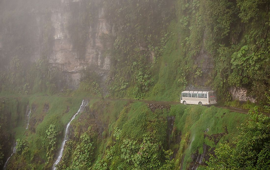 The North Yungas Road running along a steep Bolivian mountainside.