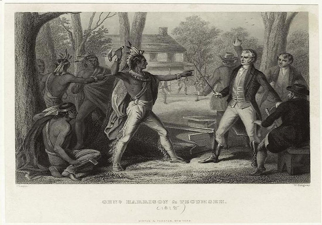 Tecumseh accosts William Henry Harrison when he refuses to rescind the Treaty of Fort Wayne.
