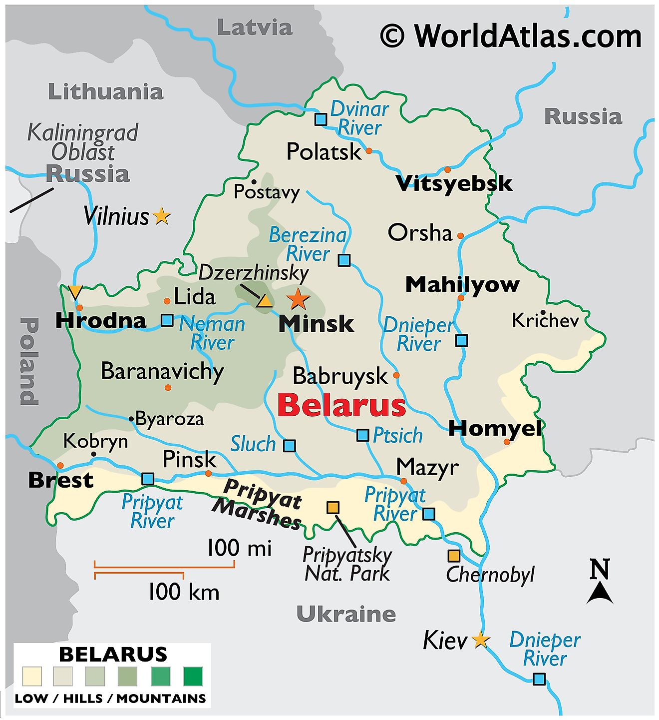 Mapa físico de Bielorrusia que muestra el terreno, los ríos principales, los puntos extremos, las ciudades importantes, las fronteras internacionales, etc.