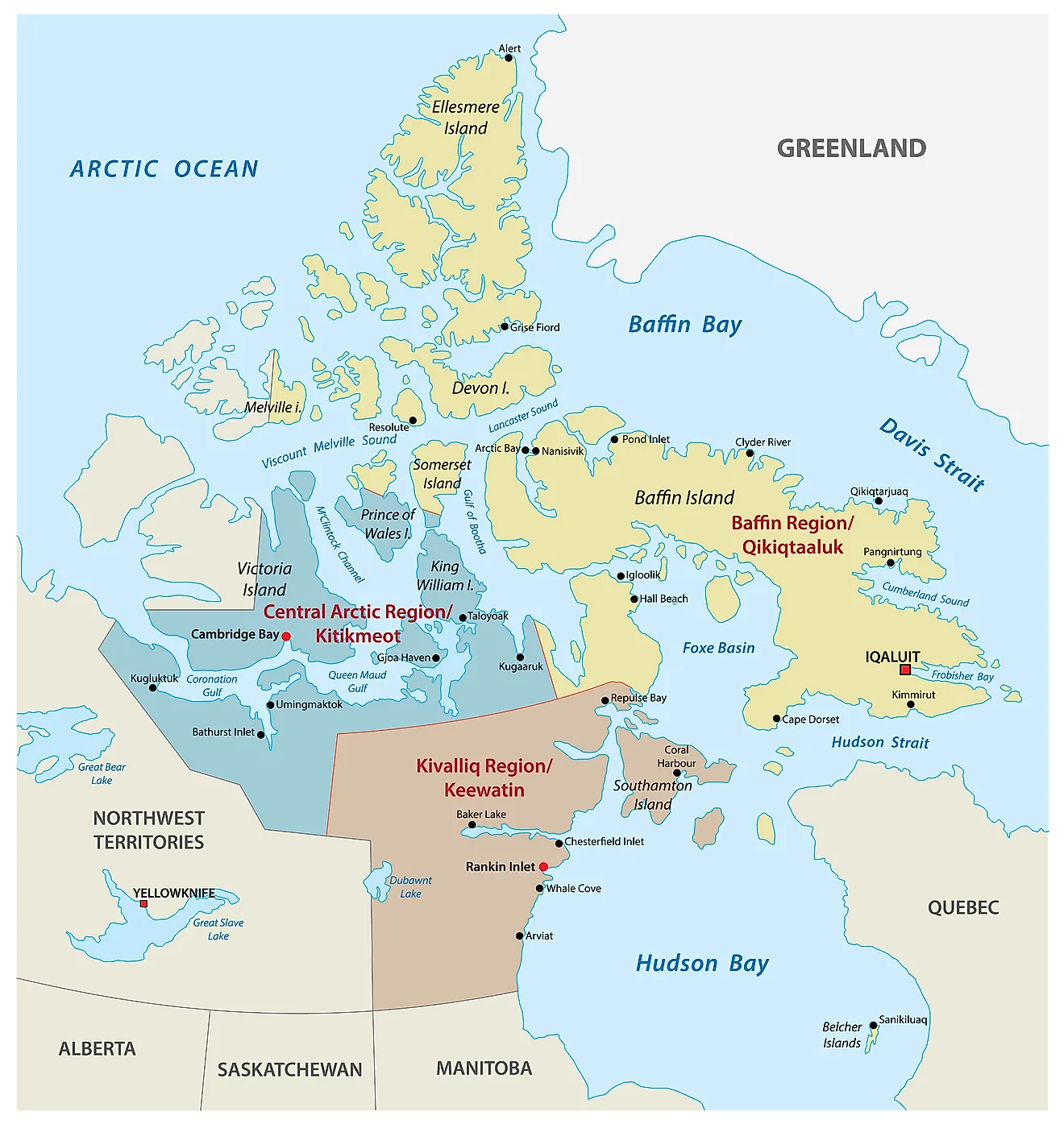 Administrative Map of Nunavut showing its regions and its capital city - Iqaluit