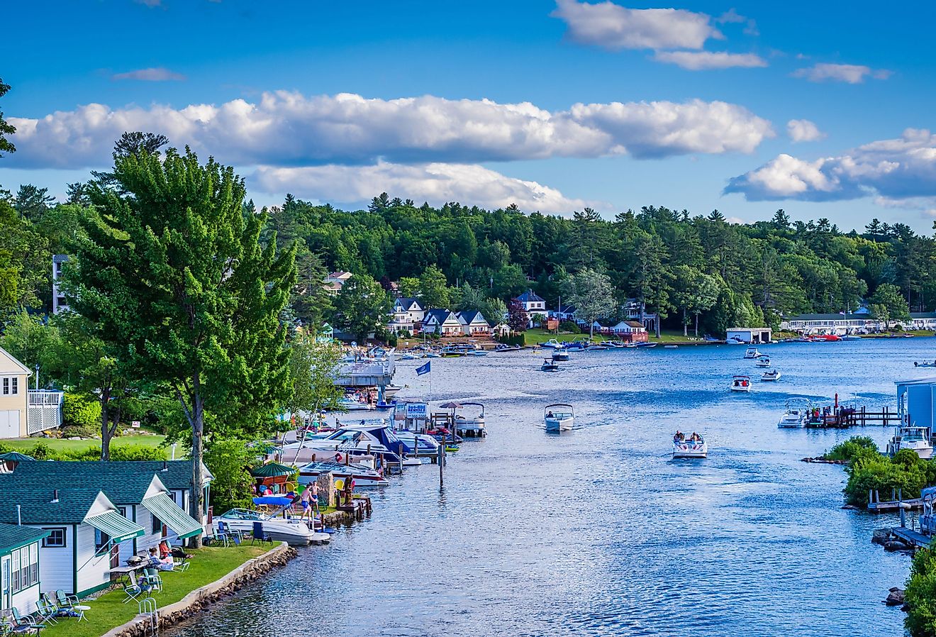 View of boats in Paugus Bay, Weirs Beach, Laconia, New Hampshire.