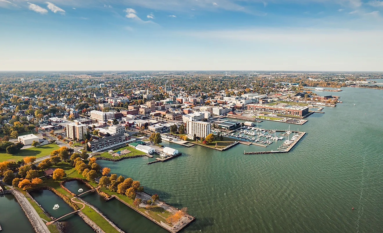 Incredible aerial city skyline panorama photograph of Sandusky, Ohio
