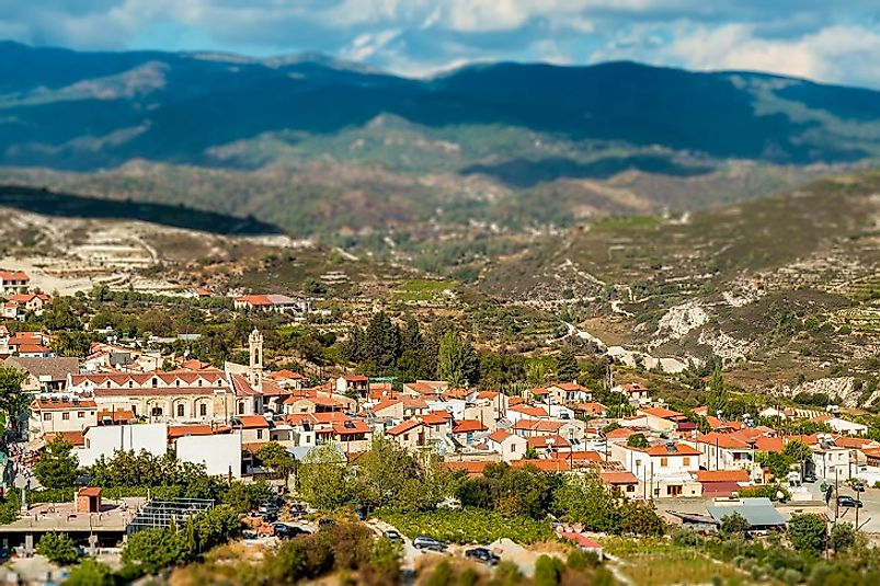 Aerial view of Omodos, a village nestled in the Troodos Mountains on the Mediterranean island nation of Cyprus.