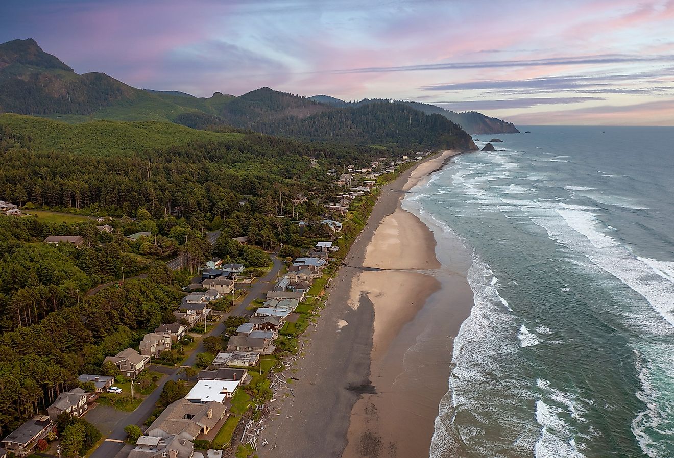 Aerial view of Arch Cape, Oregon at sunset, located between Manzanita and Cannon Beach.