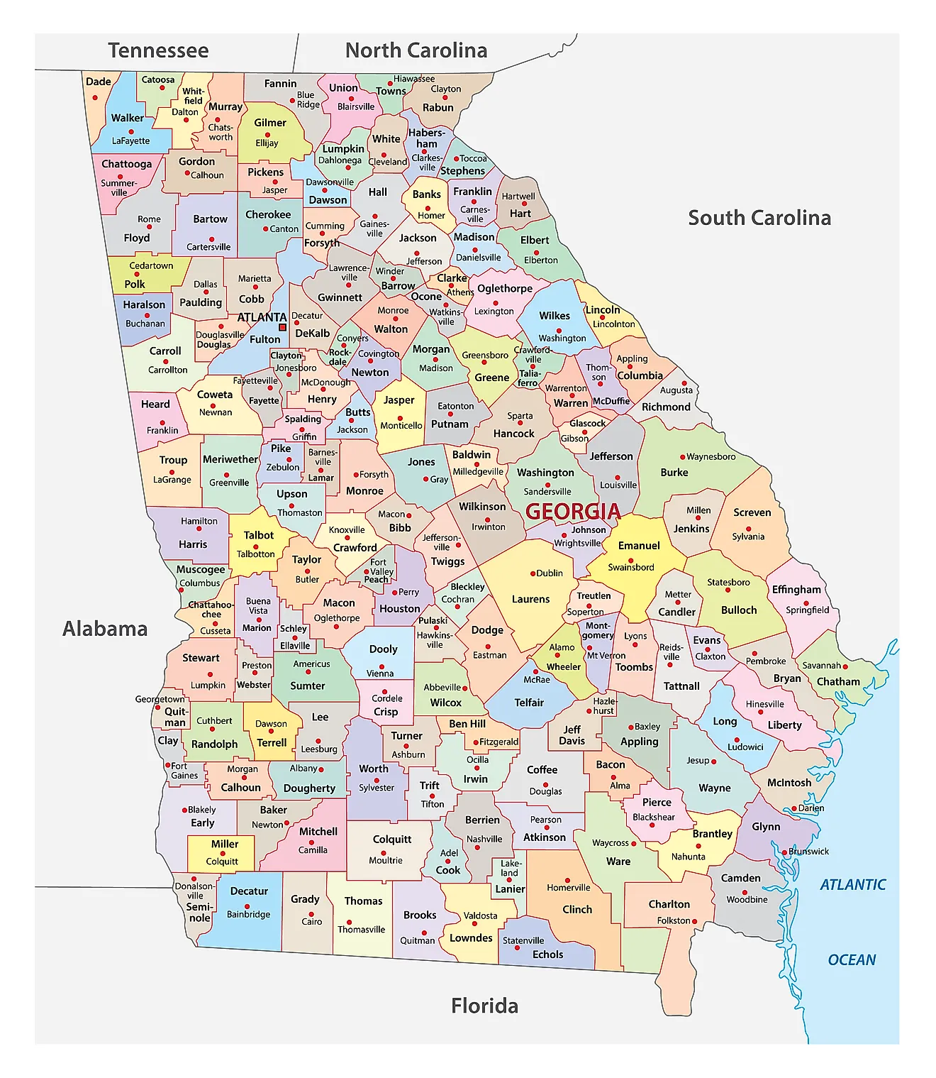 Administrative Map of Georgia showing its 159 counties and the capital city - Atlanta