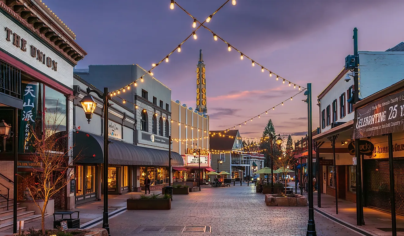 The Plaza on Mill Street at dusk in Grass Valley, California.