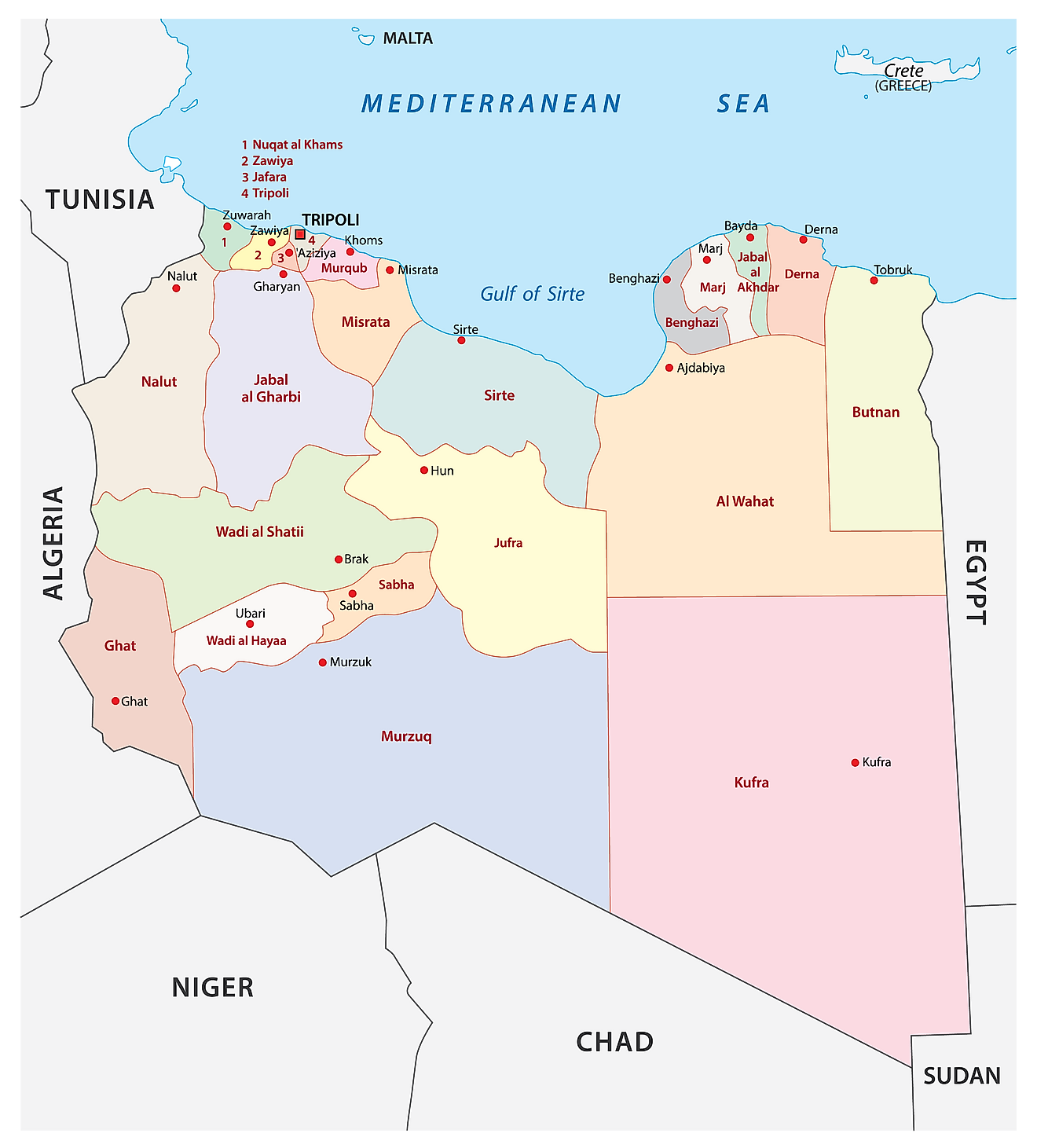 Political map of Libya showing its 22 governorates and the national capital, Tripoli.