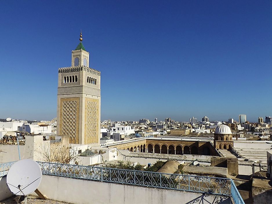 The Al-Zaytouna Mosque and the skyline of Tunis, Tunisia.