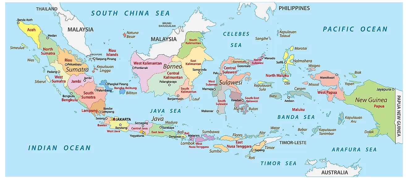 Administrative Map of Indonesia showing its 34 provinces and the capital city - Jakarta