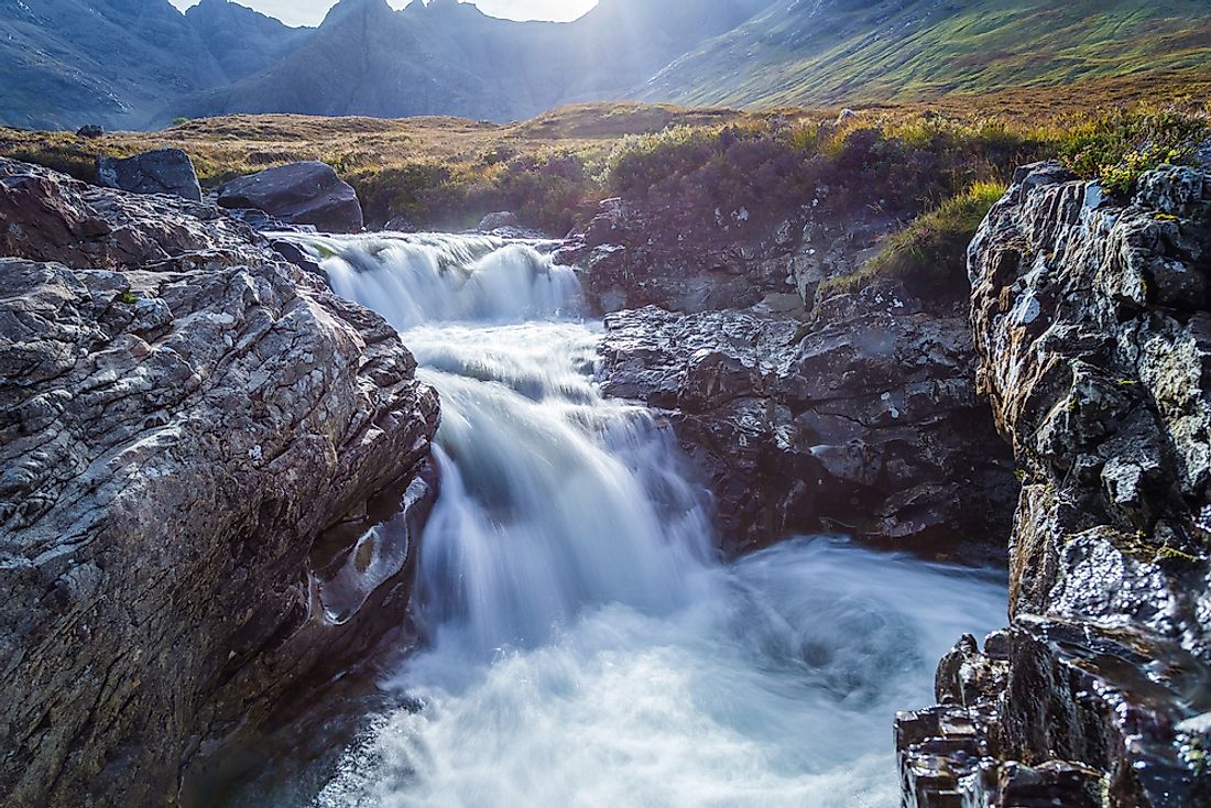 The Fairy Pools, with the mountains of Gen Brittle in the background, on the Scottish Isle of Skye.