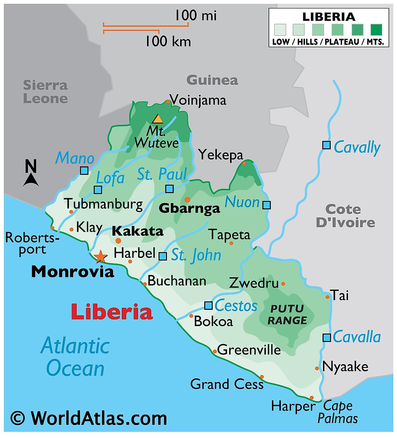 Mapa físico de Liberia que muestra los límites estatales, el relieve, los principales ríos, el monte Witeve y las principales ciudades.