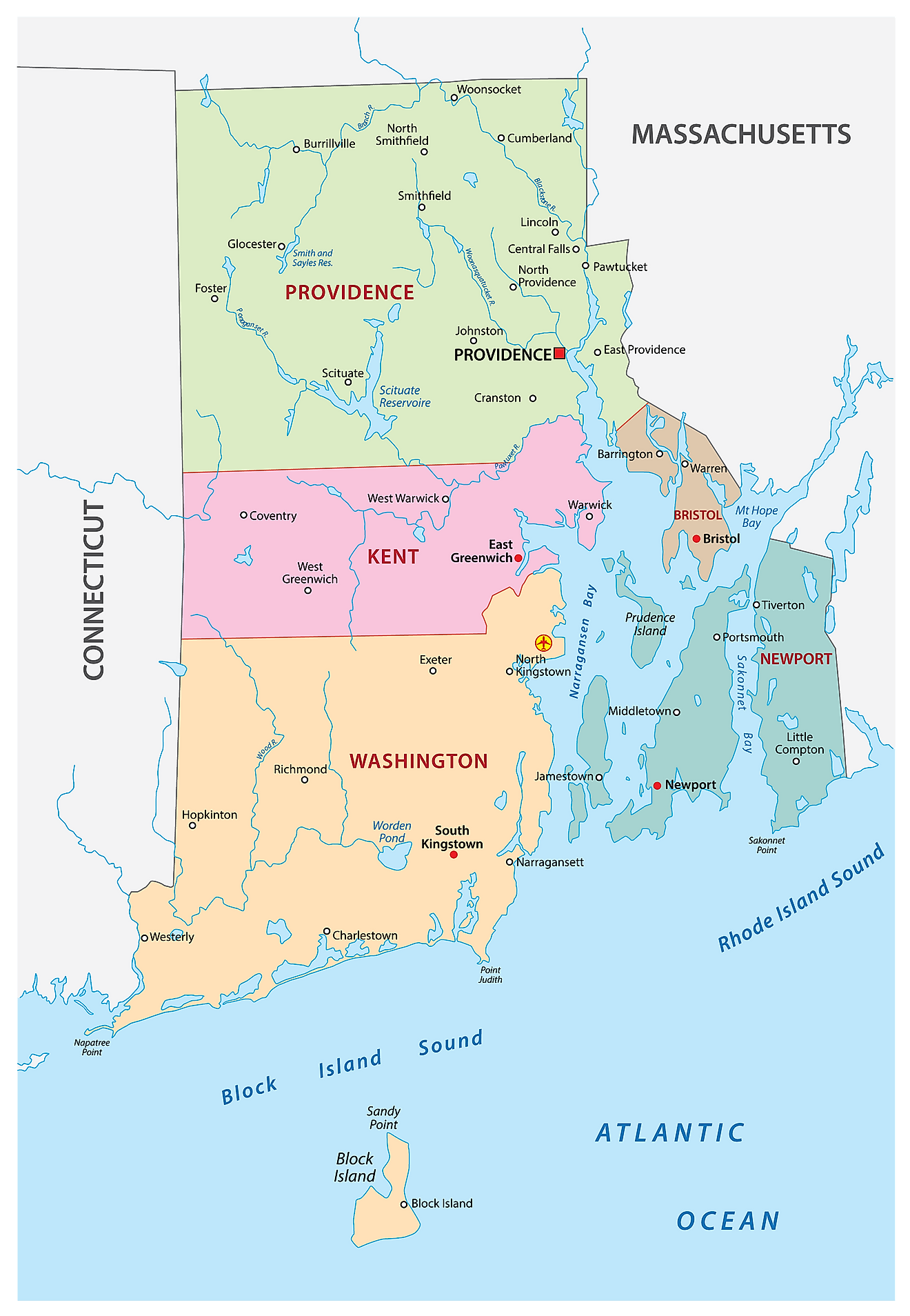 Mapa administrativo de Rhode Island que muestra sus 5 condados y la ciudad capital - Providence