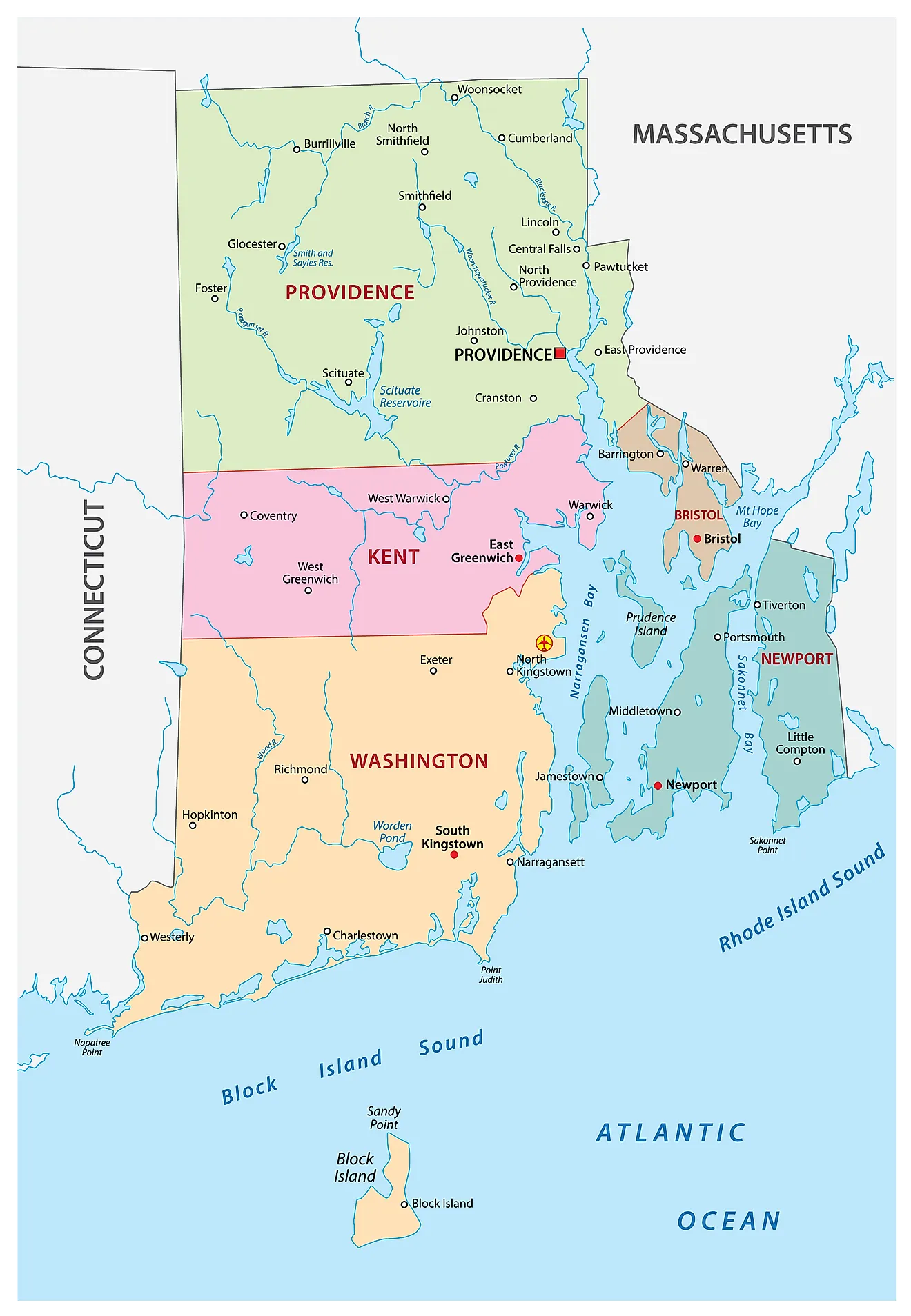 Administrative Map of Rhode Island showing its 5 counties and the capital city - Providence