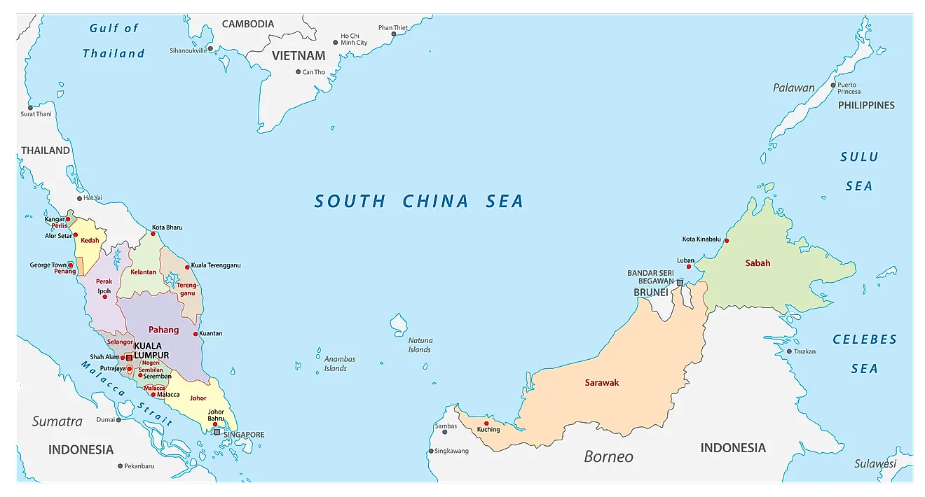 Political Map of Malaysia showing its 13 states and 3 federal territories and the capital city of Kuala Lumpur.