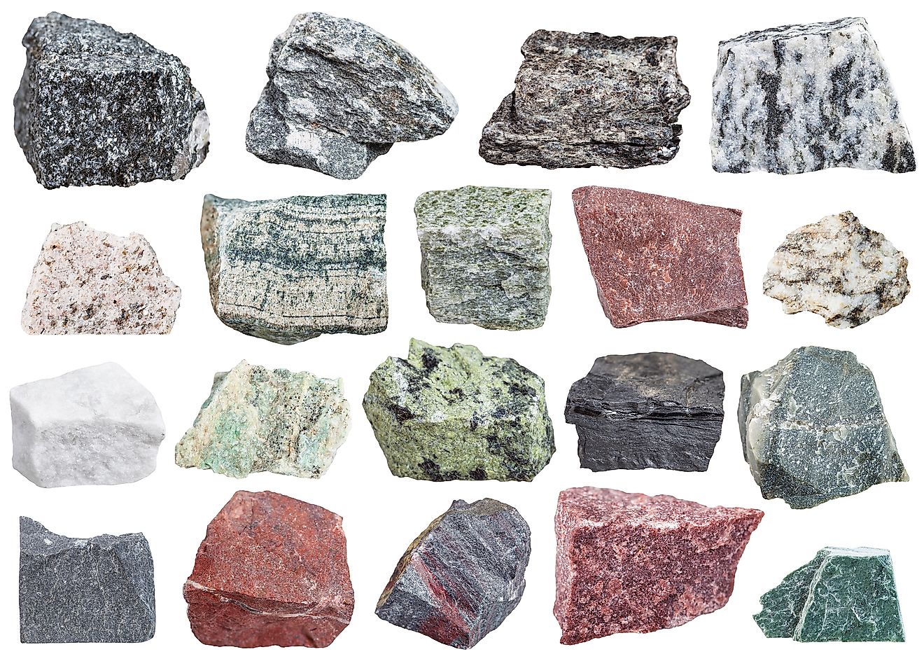 collection of metamorphic rock specimens - amphibolite, migmatite, quartzite, skarn, quartz, schist, listvenite, jasper, jaspillite, shale, coal, hornfels, slate, phyllite, gneiss, talc. Image credit: Vvoe/Shutterstock.com