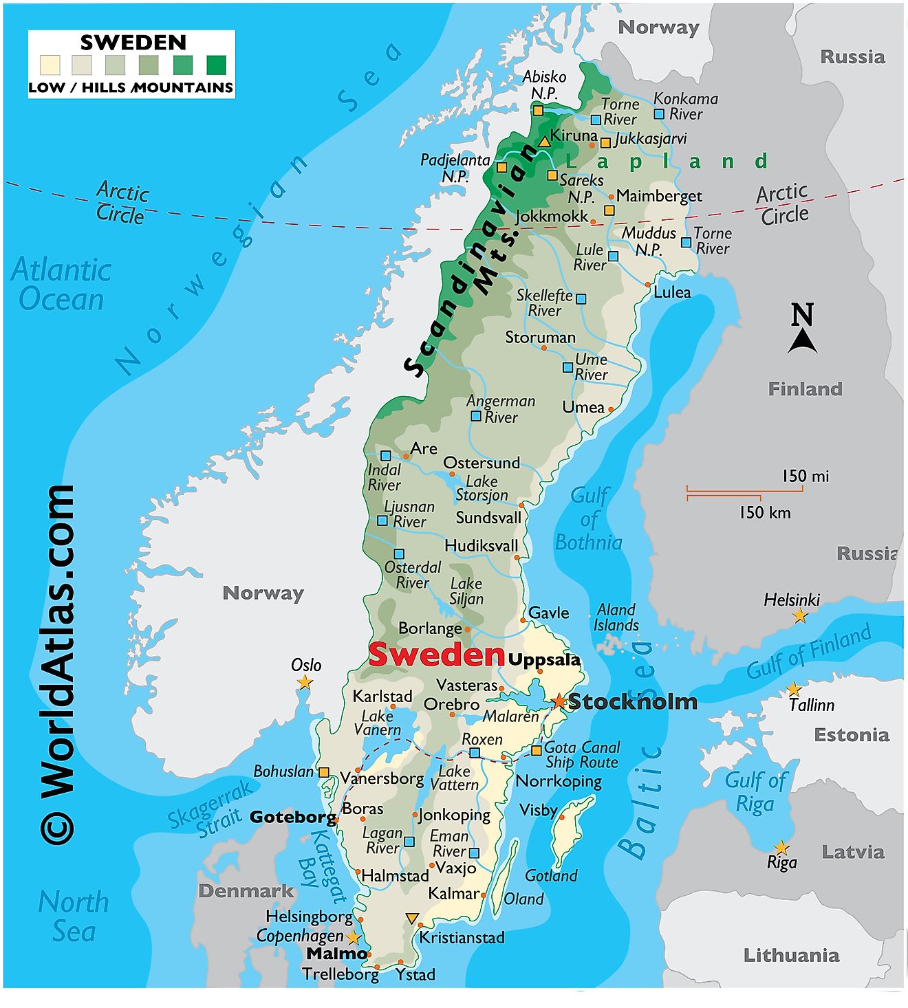 Mapa físico de Suecia que muestra su relieve, límites estatales, montañas, puntos extremos, lagos principales, ríos, ciudades importantes, etc.