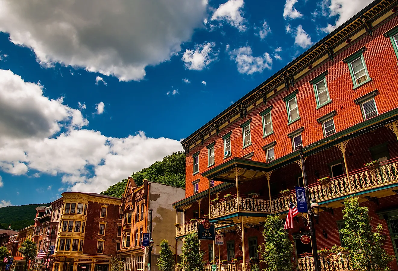 Beautiful summer sky over buildings in historic Jim Thorpe, Pennsylvania.