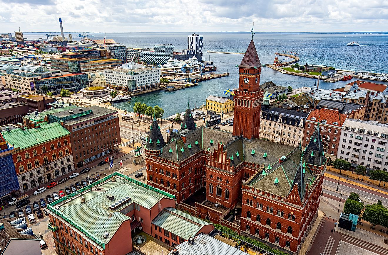 Aerial view of Helsingborg City Hall and the port of Helsingborg, Sweden. Editorial credit: Collection Maykova / Shutterstock.com