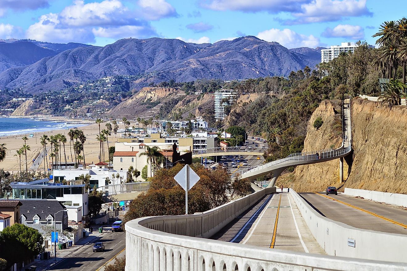 Beautiful scenery of the Santa Monica gulf and mountains over renewed Pacific Highway descent. California.