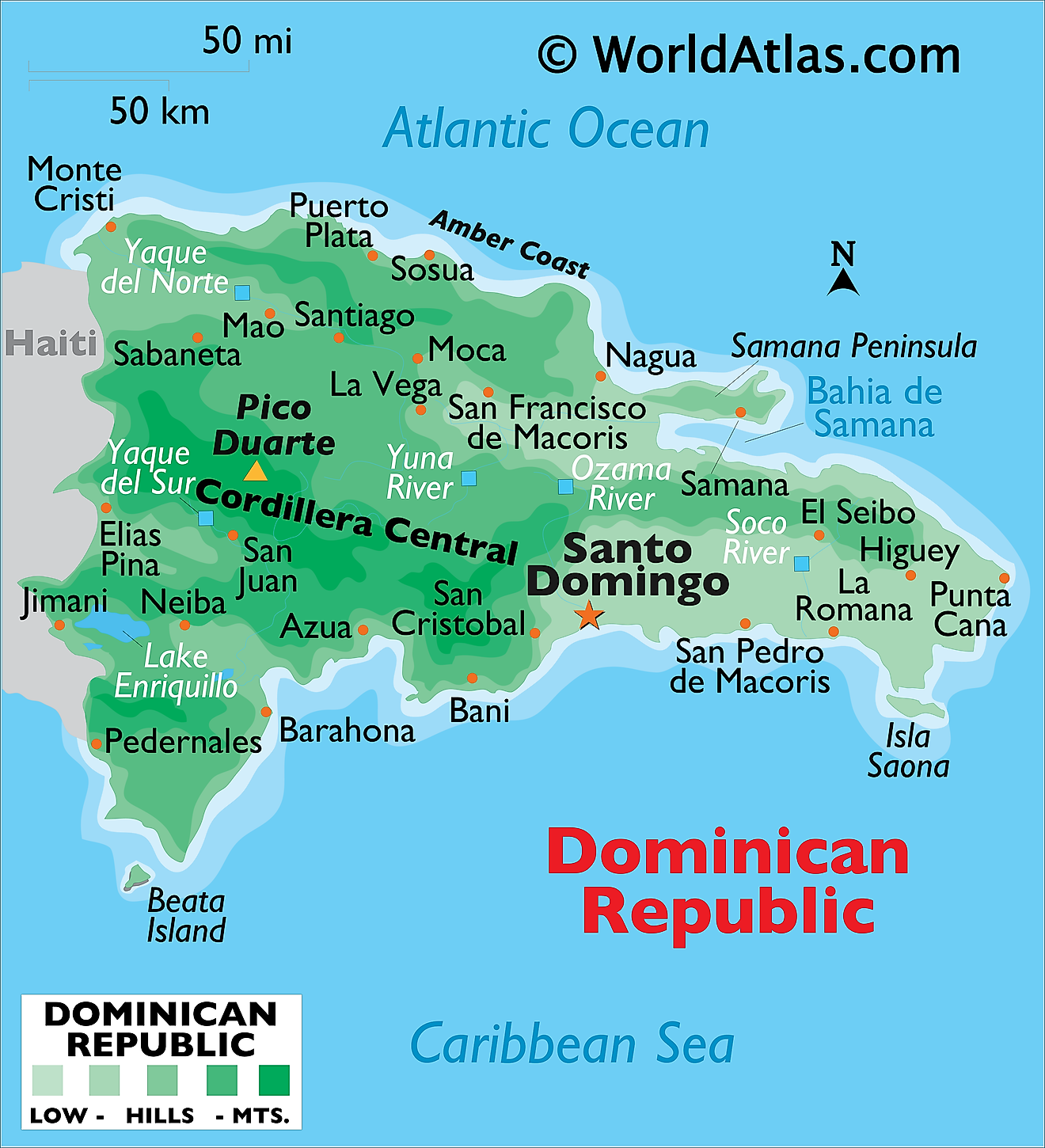 Mapa Físico de República Dominicana mostrando relieve, islas, ríos, montañas, lagos, ciudades importantes y más.