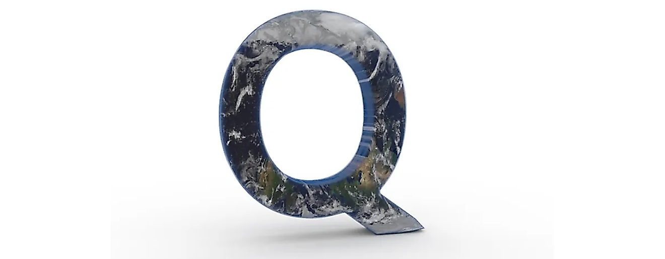 The Letter "Q" decorated in the features of Planet Earth.
