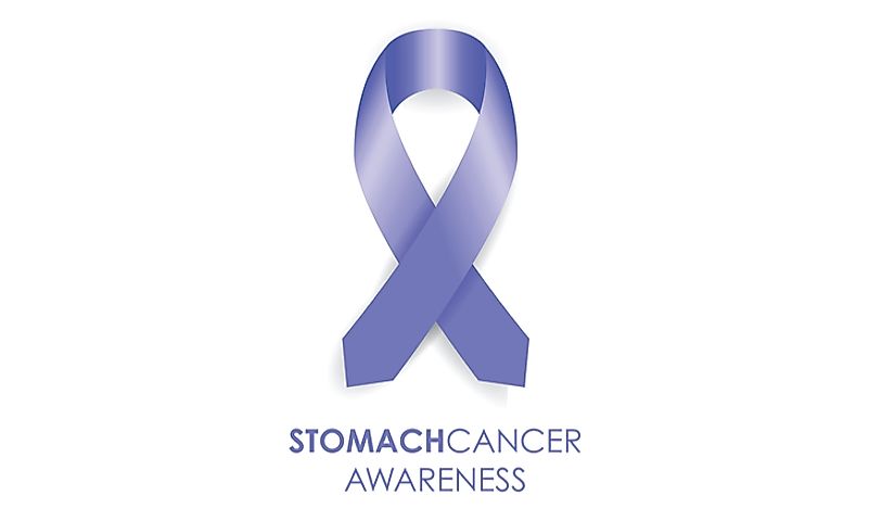 A periwinkle ribbon stands for stomach cancer awareness. 