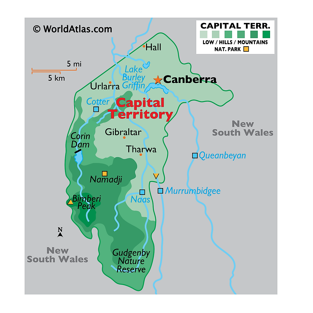 Physical Map of Australian Capital Territory. It shows the physical features of Australian Capital Territory, including mountain ranges, significant rivers, and major lake.