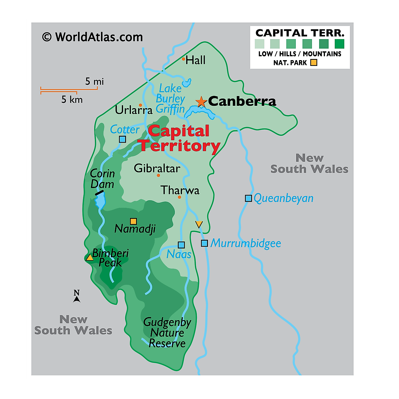 Physical Map of Australian Capital Territory. It shows the physical features of Australian Capital Territory, including mountain ranges, significant rivers, and major lake.