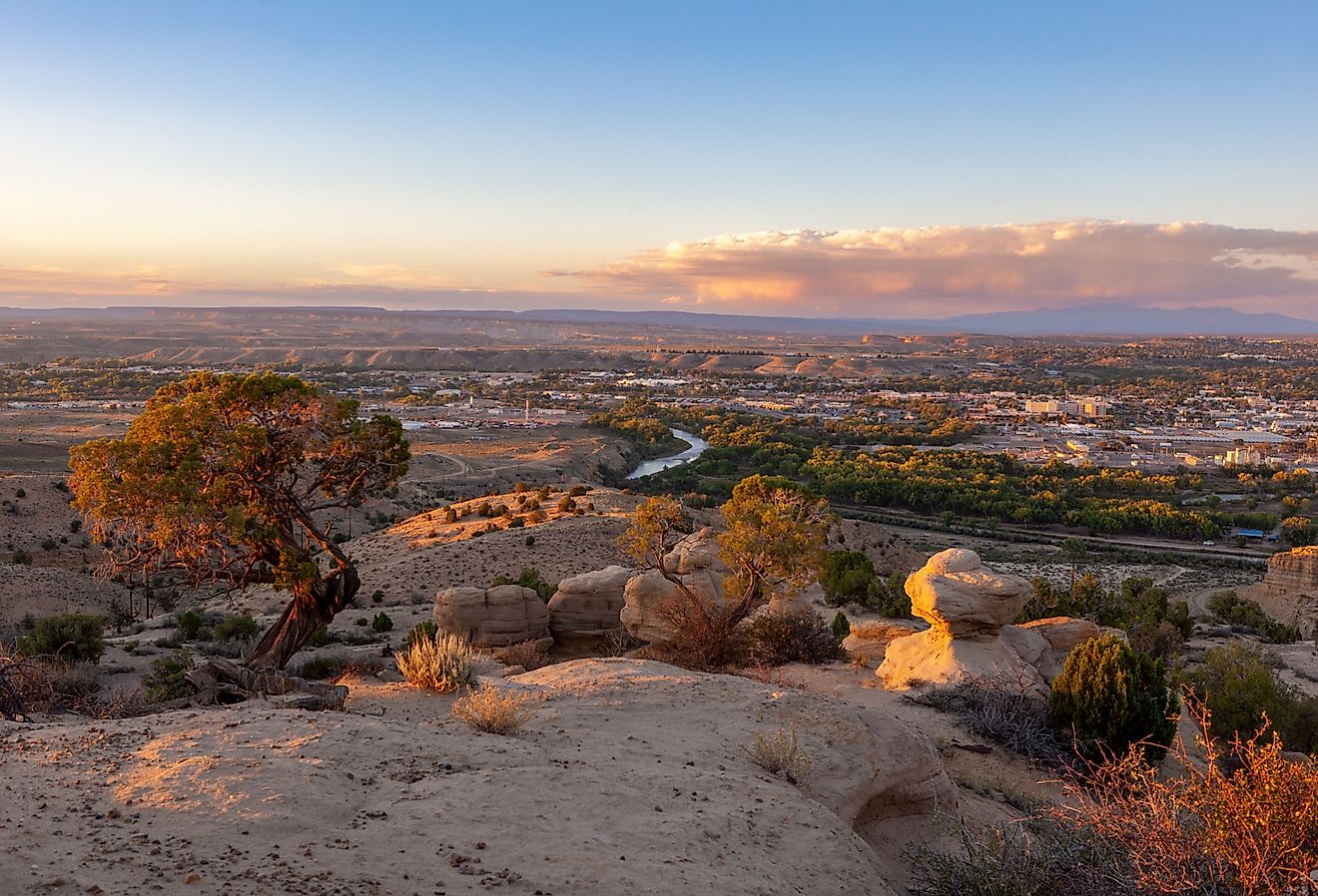 San Juan River and City of Farmington, New Mexico at sunset