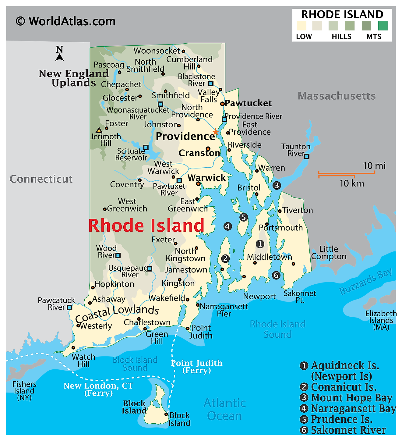 Physical Map of Rhode Island. It shows the physical features of Rhode Island including its mountain ranges, rivers and major islands. 