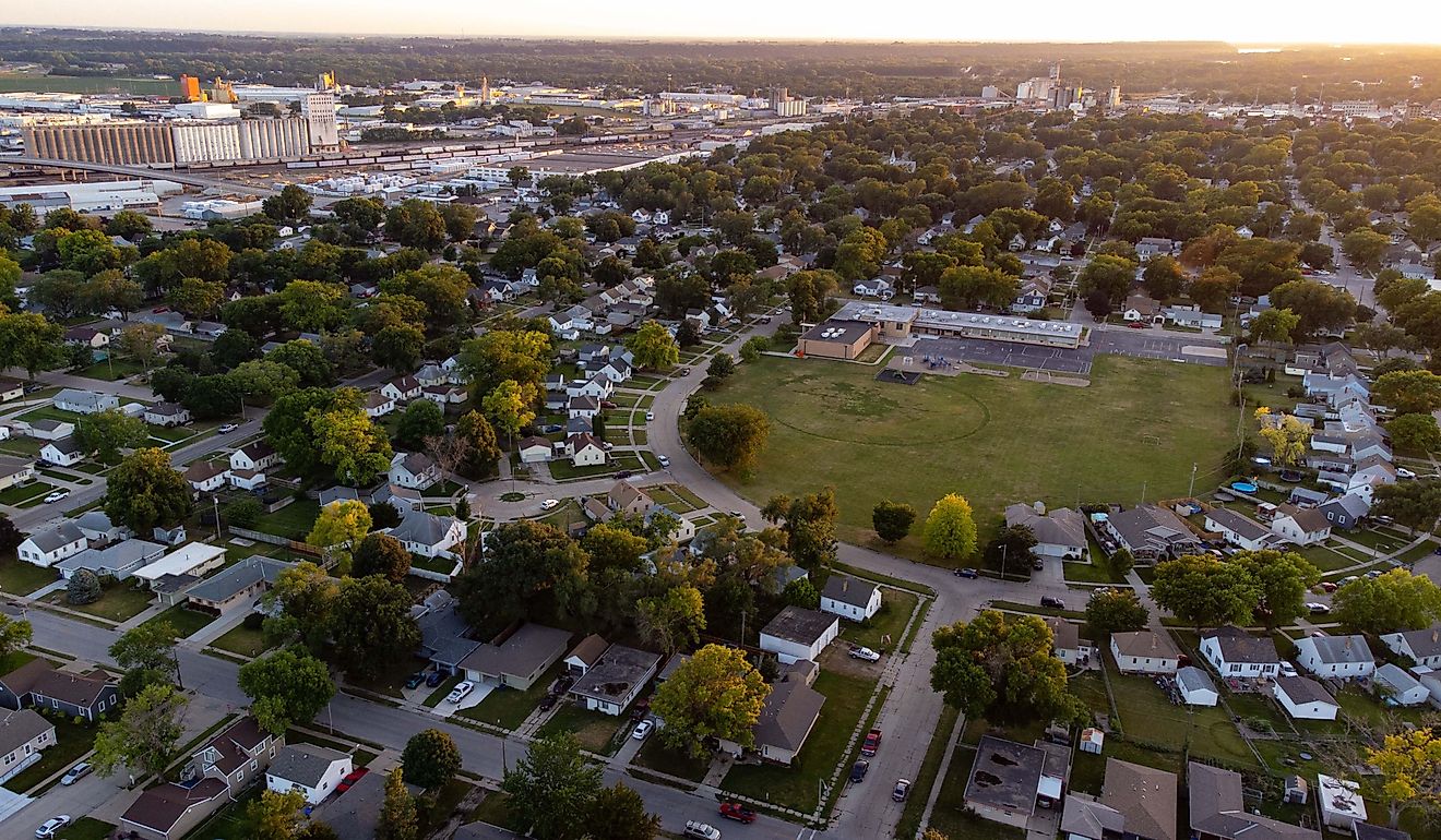 Aerial view of a sunset over Fremont, Nebraska. Editorial credit: Wirestock Creators / Shutterstock.com