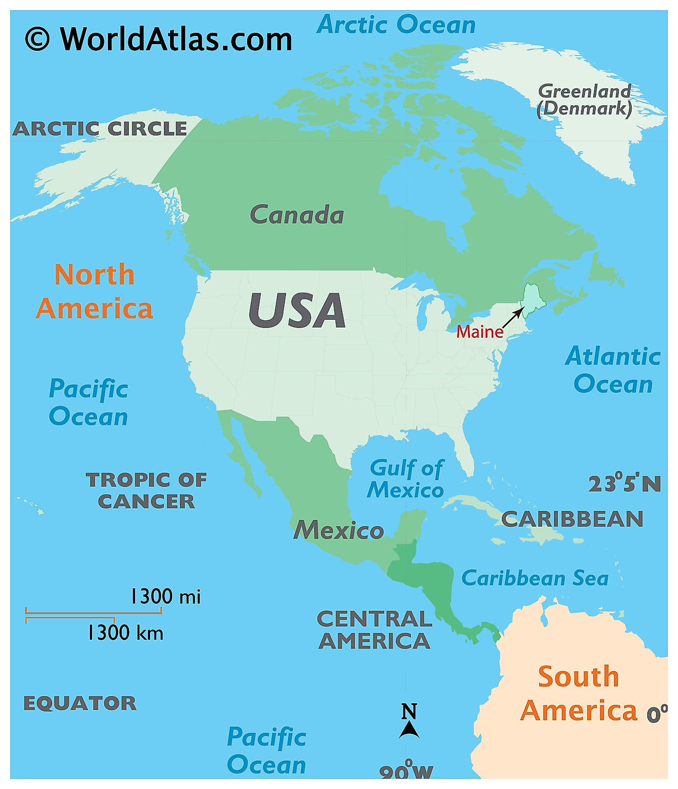 Map showing location of Maine in the world.