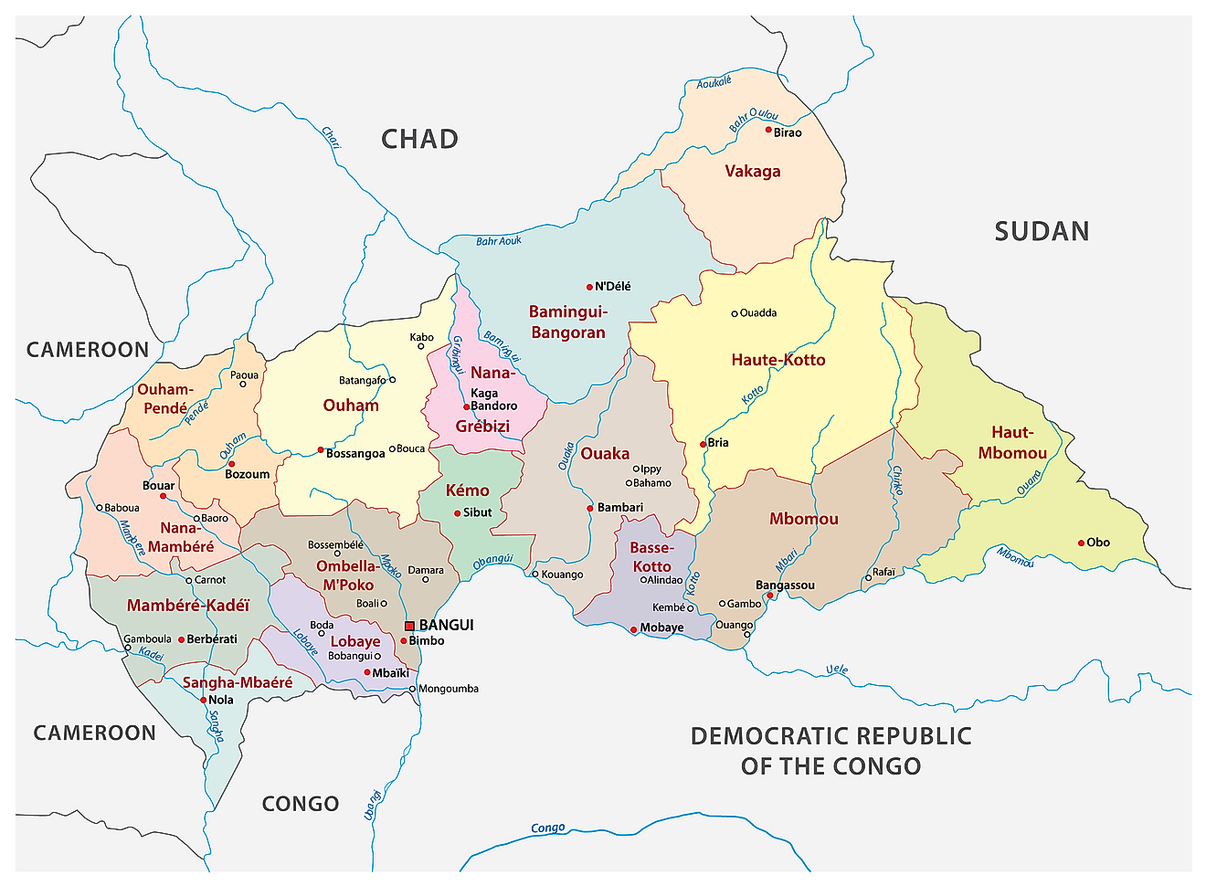 Political Map of Central African Republic showing 14 prefectures, their capitals, and the commune of Bangui, the national capital.