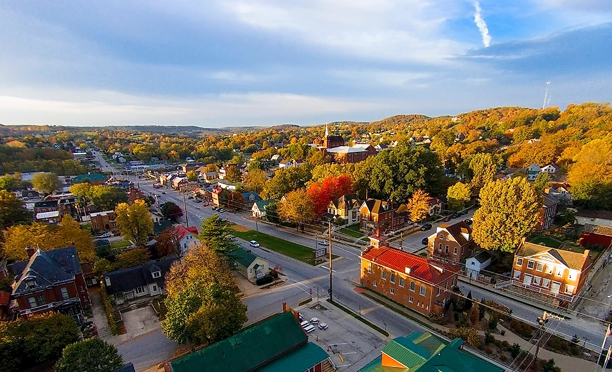 Fall colors in Hermann, Missouri. Early morning sun lights up the fall colors down Market Street in Hermann, Missouri.