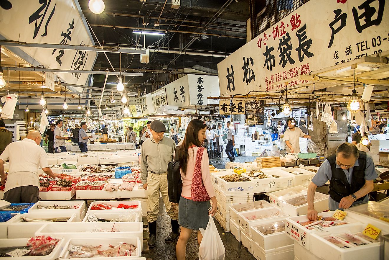Merchants sell seafood in Tsukiji fish market in Tsukiji, Japan. Tsukiji fish market is one of biggest wet markets in the world. Image credit: Gjee/Shutterstock.com