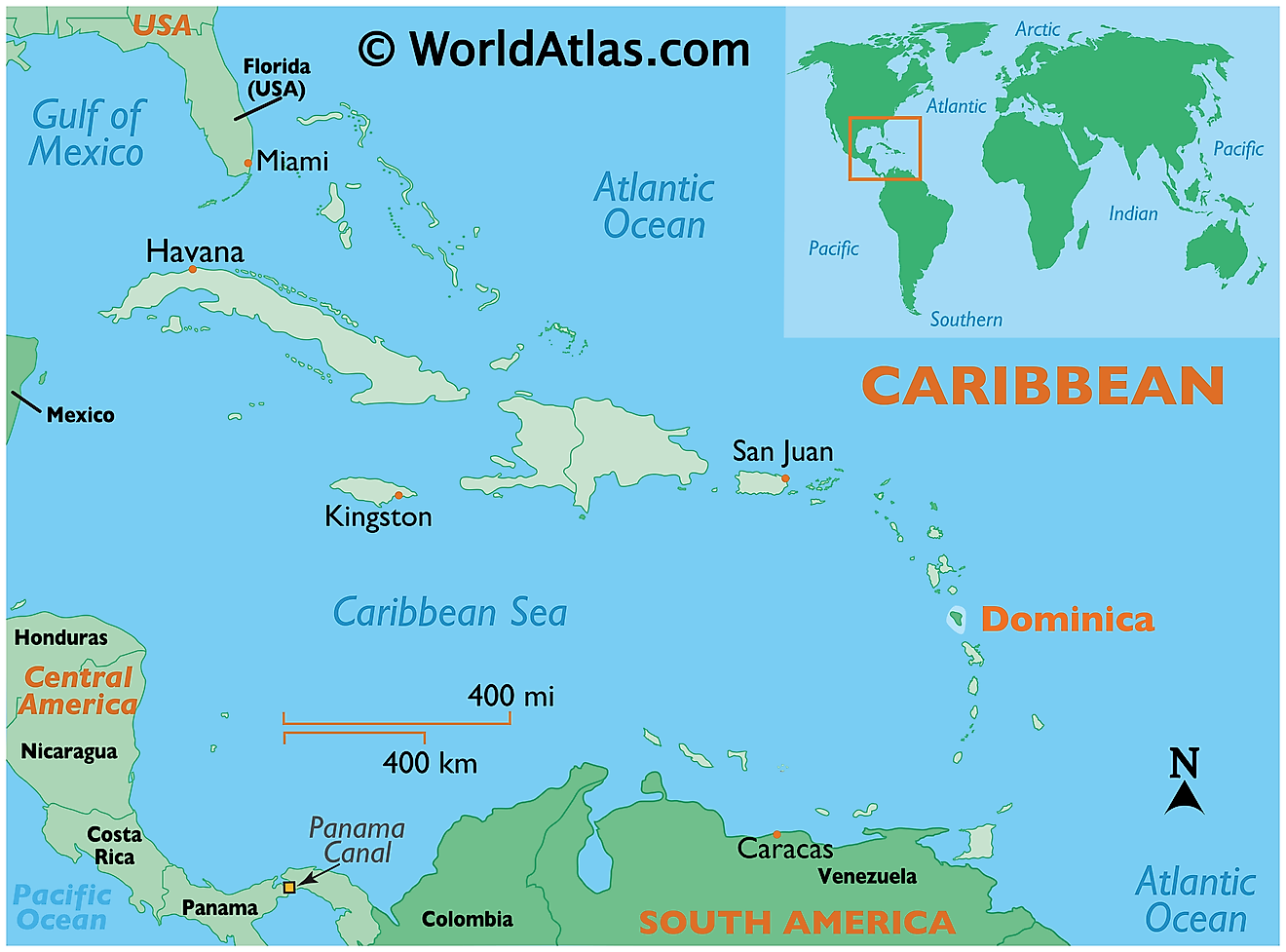 Mapa que muestra la ubicación de Dominica en el mundo.