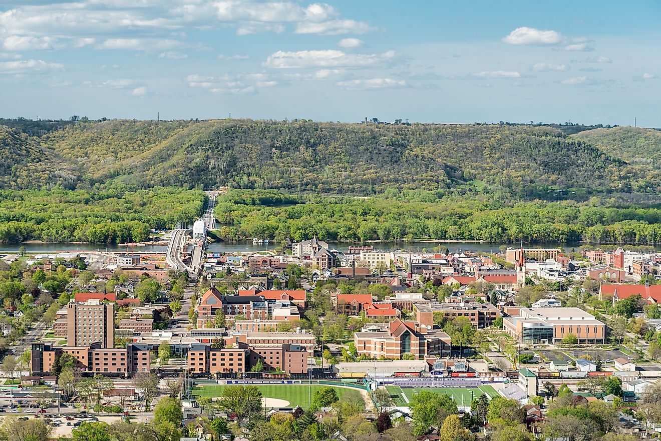 Aerial view of the town and surrounding forests of Winona, Minnesota.