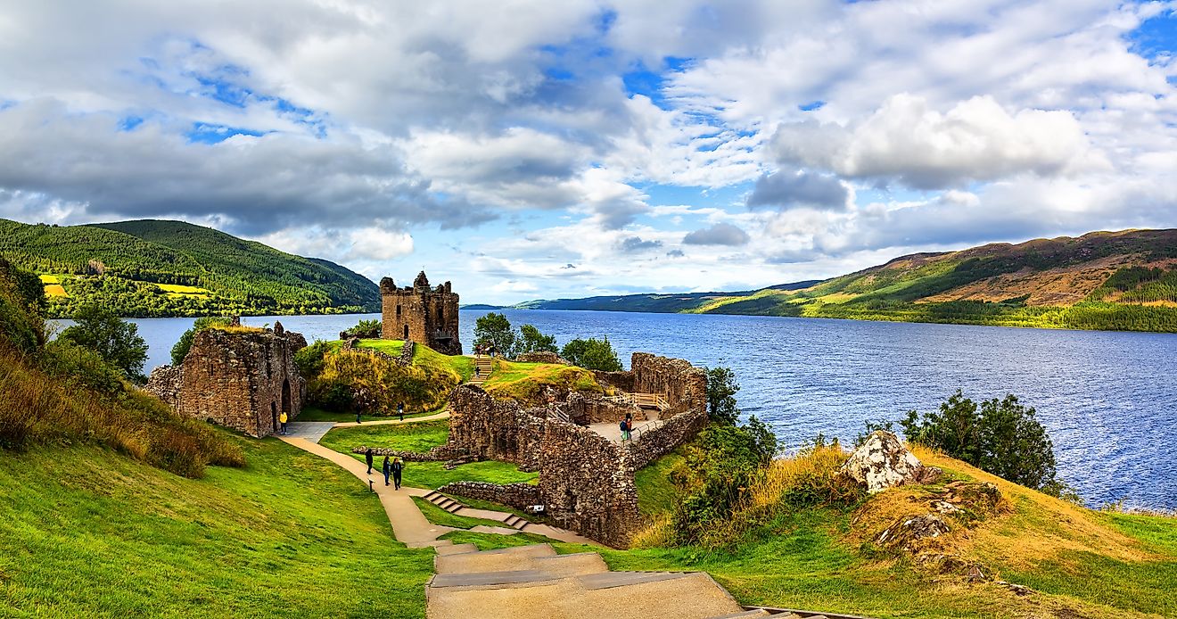 DRUMNADROCHIT, SCOTLAND 2022, August 19:  Ruins of Urquhart Castle along Loch Ness, Scotland, Great Britain