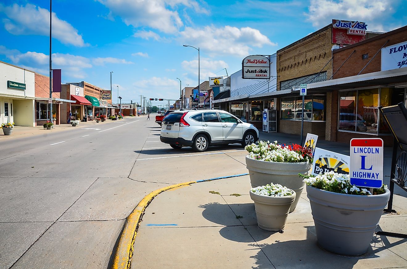 The Lincoln Highway, the United State's first transcontinental highway, runs through a typical American main street in Ogallala, Nebraska