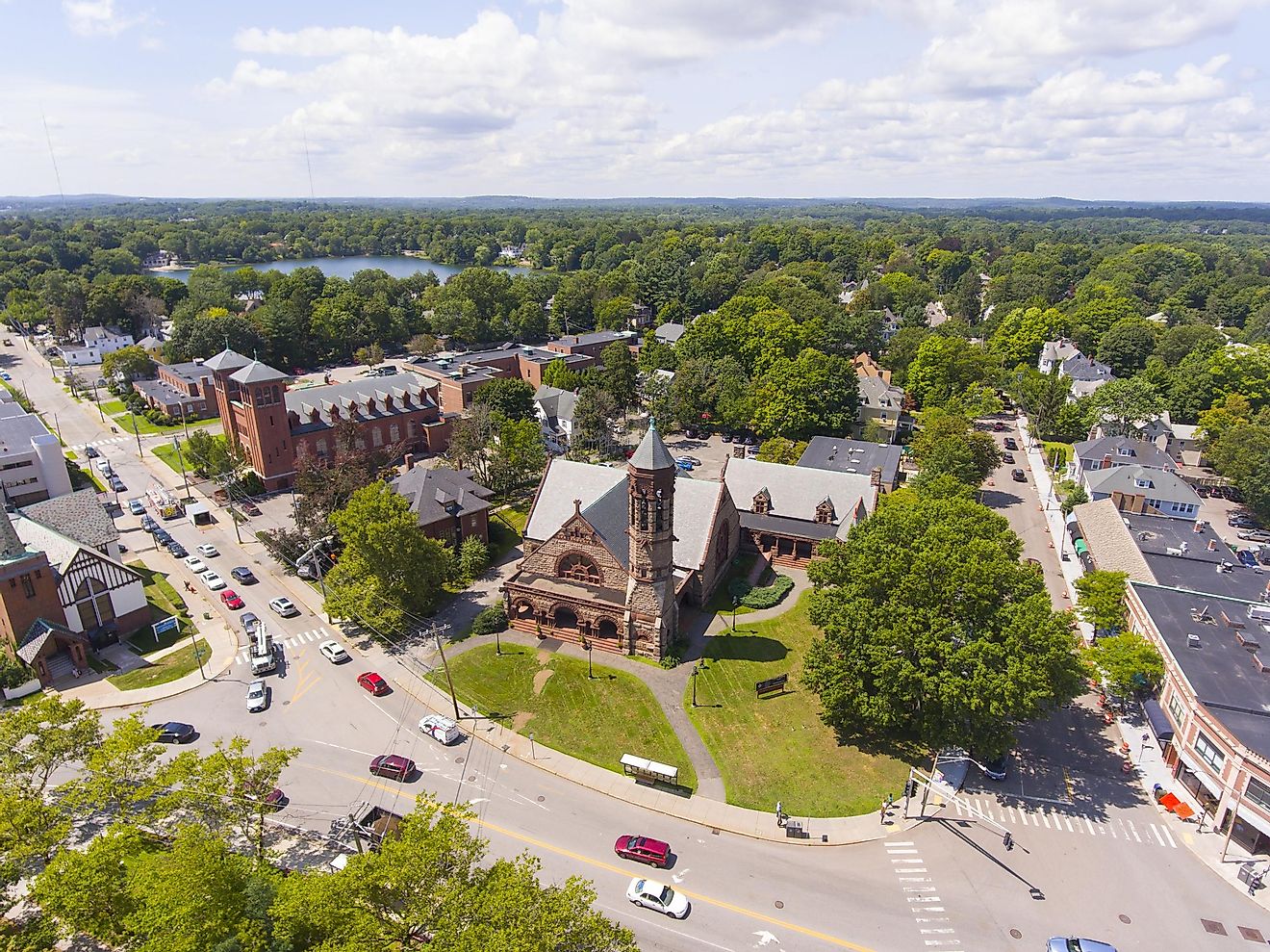 First Baptist Church aerial view in Newton Centre, Massachusetts, USA.