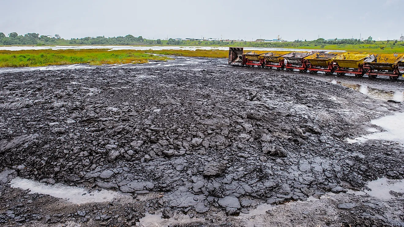 Transport carriages over the Pitch Lake, La Brea, Trinidad and Tobago.